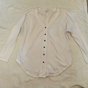 White waffle knit button up sweater